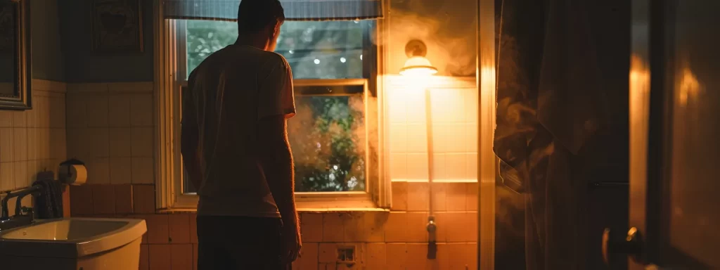 a concerned homeowner stands thoughtfully in a dimly lit bathroom, examining a bubbling drain with visible signs of a potential sewer backup, illuminated by the warm glow of a nearby light, conveying the urgency of knowing when to seek professional help.