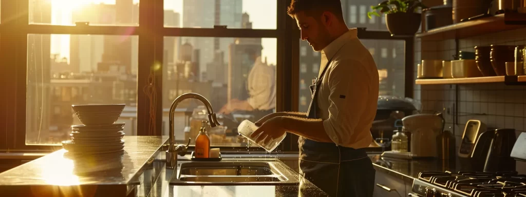 a confident plumber in a crisp uniform inspects a glistening, modern kitchen sink, reflecting the vibrant skyline of chicago through the window, highlighting the theme of trust and reliability in plumbing services.