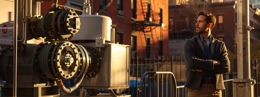 a confident property owner stands thoughtfully in front of a well-equipped pump service facility, showcasing a sleek modern pump against a backdrop of vibrant brooklyn heights architecture, illuminated by warm afternoon sunlight.