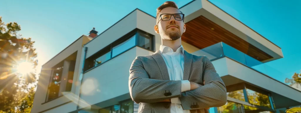 a confident real estate agent stands in front of a modern home, showcasing their professionalism and local expertise under a bright blue sky, symbolizing trust and community connection in the real estate market.