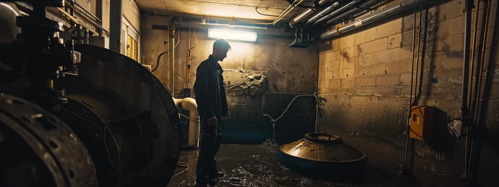 a confident technician expertly inspects a robust sewer pump in a bright, well-lit basement, showcasing the importance of maintenance for efficient waste management.