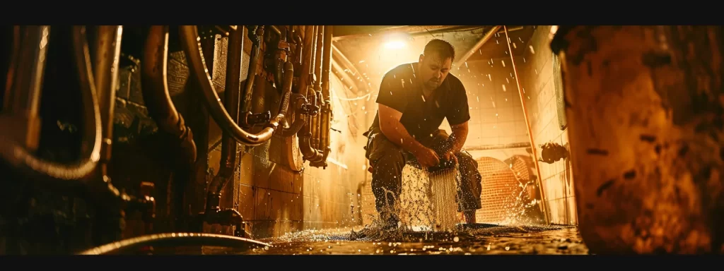 a dramatic scene captures a professional plumber in action, swiftly addressing a gushing pipe in a dimly lit basement, illuminated by the bright glow of a work light, conveying urgency and expert resolve in the face of a plumbing emergency.