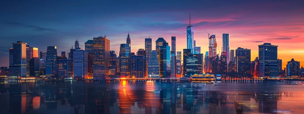 a dramatic skyline of new york city at sunset, with focus on modern condominiums reflecting the glowing lights, symbolizing the impact of economic factors on the real estate market.