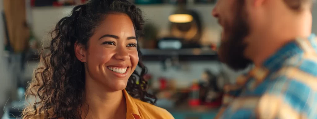 a focused close-up of a cheerful customer service representative engaging with a satisfied homeowner in a bright, welcoming repair shop, showcasing a sense of professionalism and attentiveness.