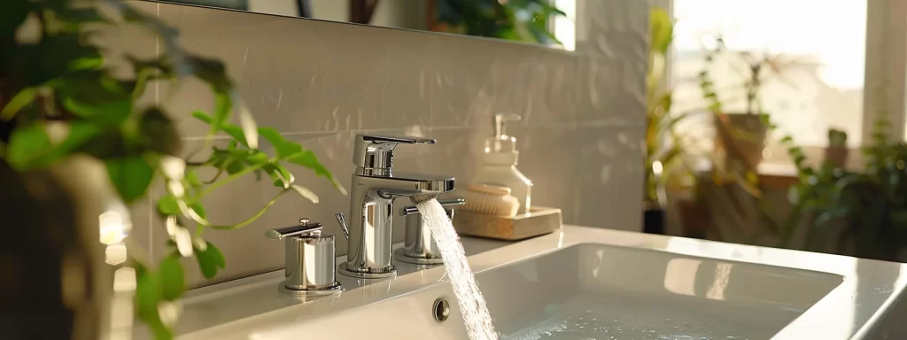 a gleaming modern bathroom showcases a stylish, newly installed faucet in a polished sink, illuminated by soft, natural light filtering through a nearby window, highlighting the elegance of home plumbing upgrades.