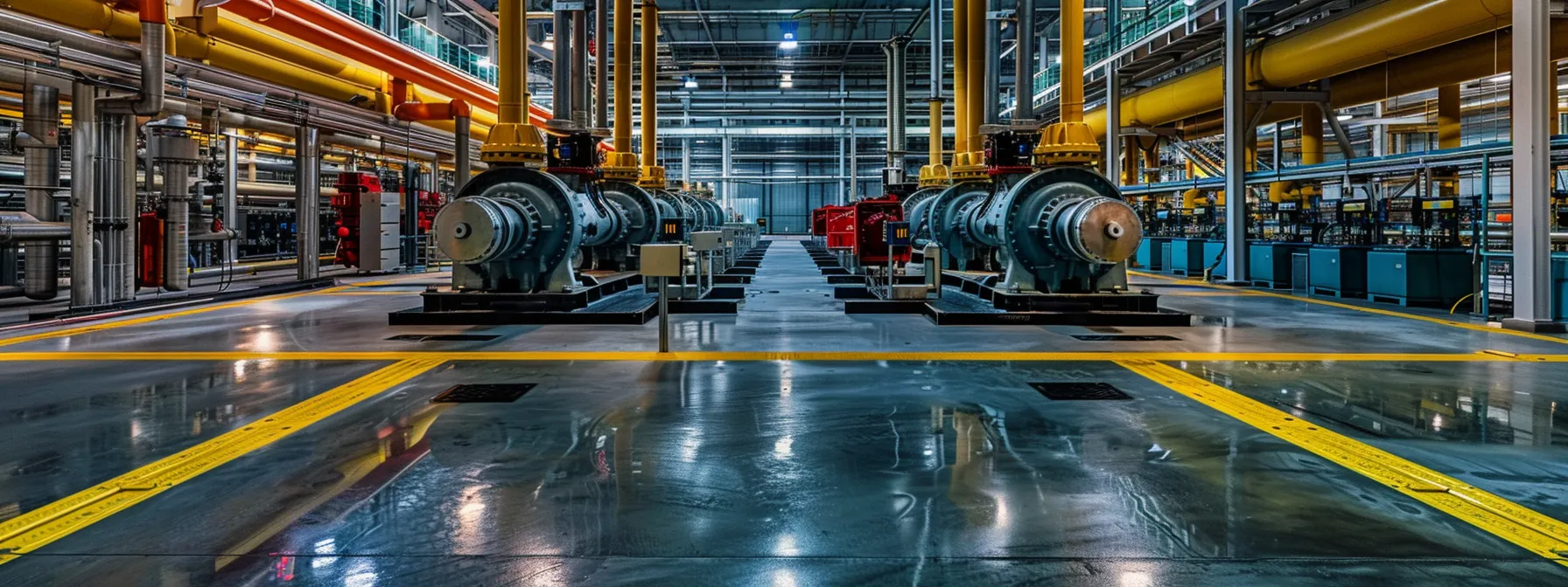 a gleaming, state-of-the-art pump service facility, illuminated by soft industrial lights, showcases rows of high-efficiency pumps arranged meticulously against a backdrop of polished machinery and vibrant pipes.