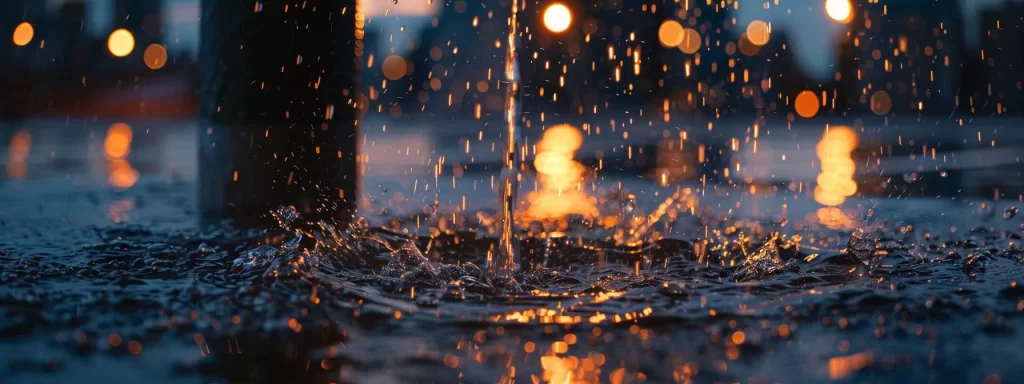 a powerful sump pump in action, surrounded by sparkly water droplets, symbolizes reliability and efficiency in drain solutions against a backdrop of long island city’s urban landscape at dusk, illuminated by warm, golden hour lighting.