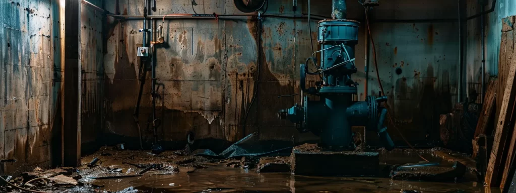 a powerful sump pump stands in a dimly lit basement, surrounded by water-damaged walls, emphasizing its critical role in flood prevention during torrential rainfall.