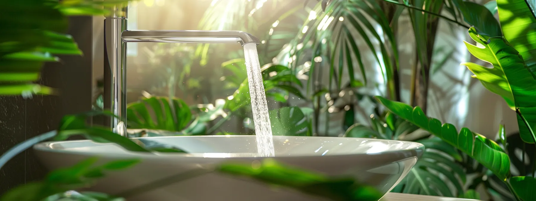 a pristine, gleaming bathroom showcases a modern, polished silver faucet elegantly pouring crystal-clear water into a stylish, minimalist sink surrounded by lush green plants, highlighting the essence of refreshing plumbing elegance.