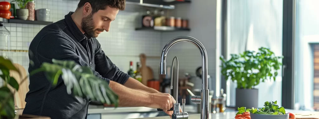 a professional plumber confidently installs a sleek modern faucet in a bright, well-appointed kitchen, highlighting the craftsmanship and efficiency of the replacement process.