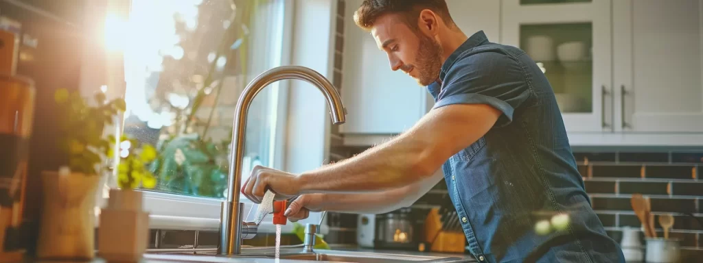 a skilled local plumber expertly installs a sleek, modern faucet in a bright, beautifully renovated kitchen, showcasing quality craftsmanship and attention to detail in every glint of the stainless steel.