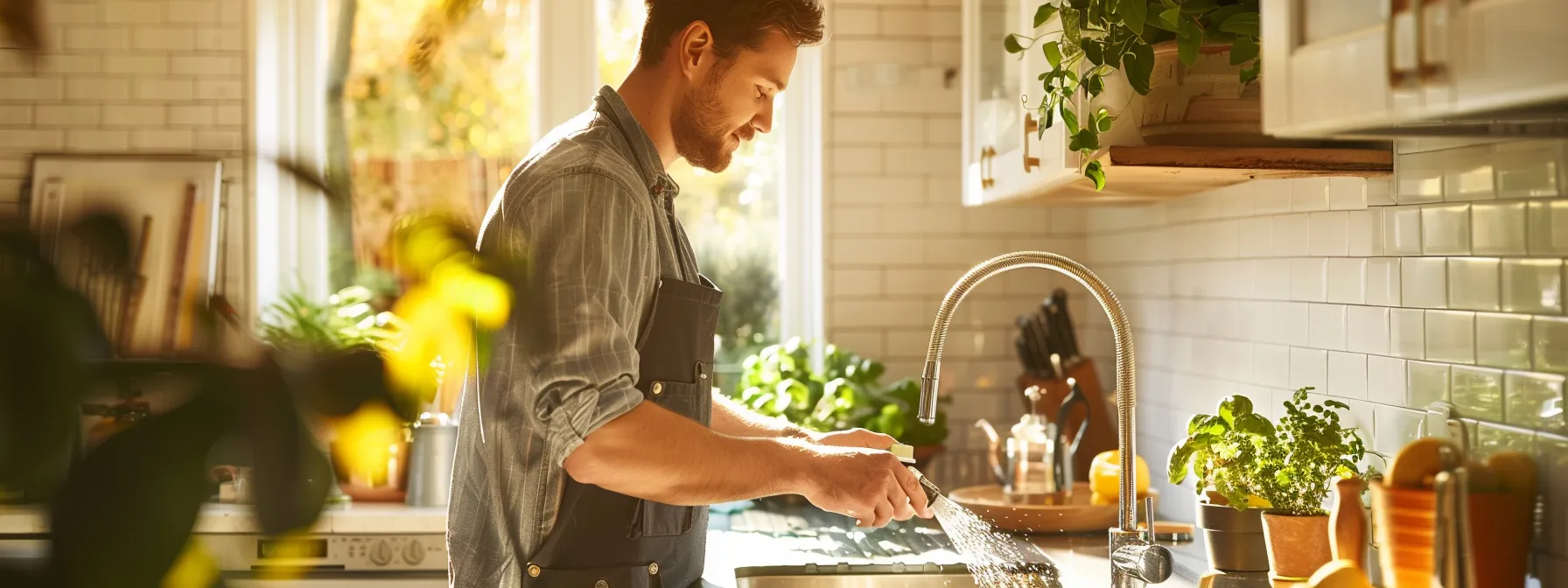 a skilled plumber expertly installs a gleaming new faucet, surrounded by a bright, clean kitchen that showcases the transformation with vibrant lighting and polished surfaces.