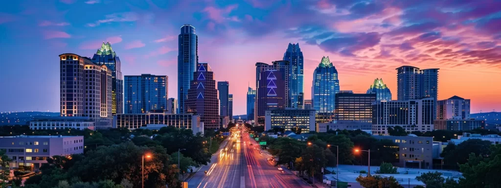 a vibrant city skyline at dusk, illuminated by the warm glow of streetlights, captures the essence of modern real estate exploration, with silhouettes of diverse buildings representing various realty opportunities in a bustling neighborhood.