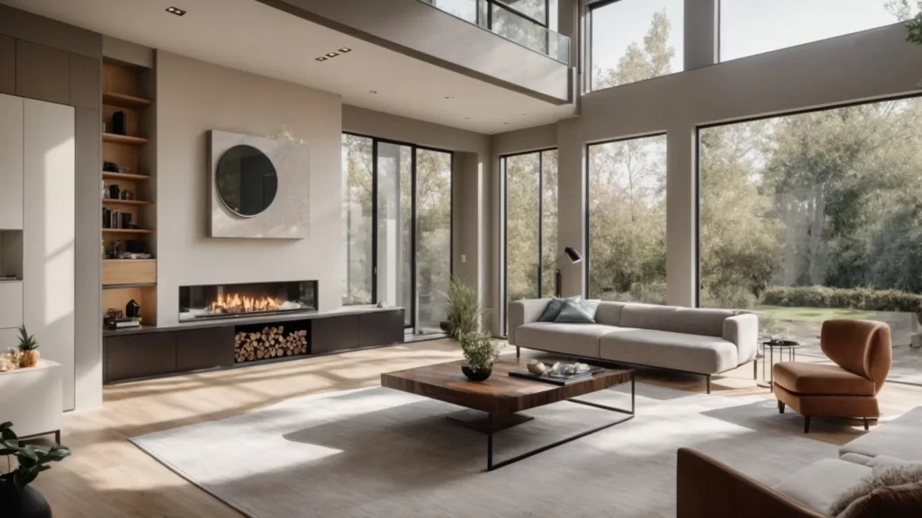 a beautifully staged modern home with large windows allowing natural light to flood the open living space, showcasing elegant furnishings and inviting décor that embody the essence of a seamless real estate transaction.