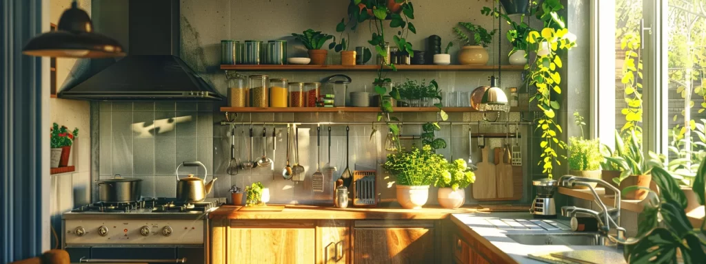 a bright, sunlit kitchen filled with fresh plants showcases gleaming, clean pipes and appliances, symbolizing a healthy indoor environment free from pollutants and mold.