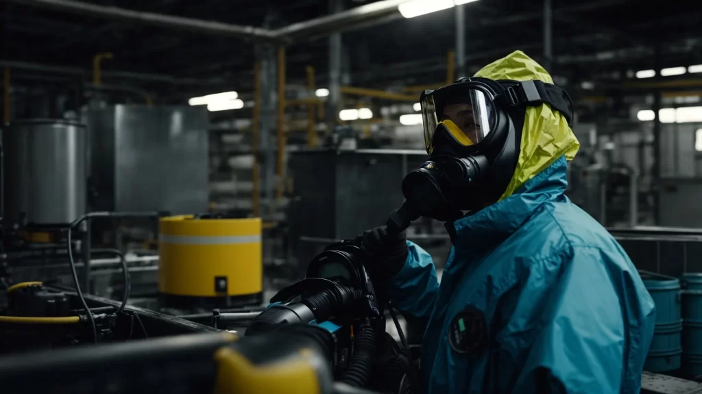 a brightly lit industrial setting showcases a person in a protective mask and goggles, surrounded by safety gear and ventilation equipment, as they carefully handle a chemical drain cleaner, emphasizing the importance of safety during hazardous cleaning tasks.