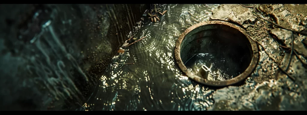 a close-up view of a plumbing drain with murky water pooling around it, surrounded by eerie shadows, illustrating the urgent need for sewer drain cleaning services, highlighted by floating debris and a faint mist of unpleasant odor in the air.