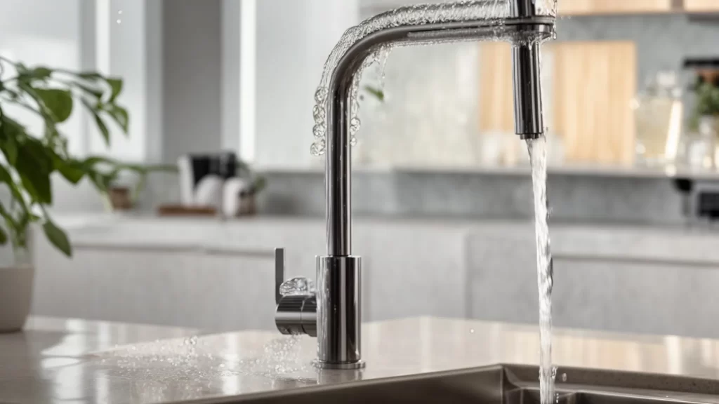 a close-up of a gleaming modern kitchen faucet with water droplets cascading down, highlighting signs of wear and an impending need for replacement against a softly illuminated, contemporary countertop backdrop.