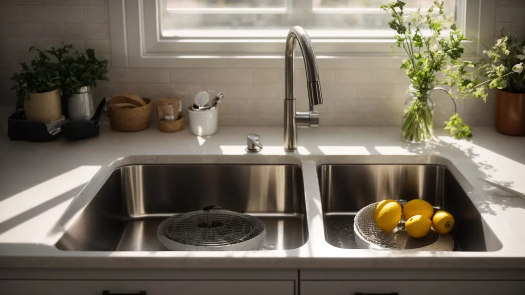 a close-up of a pristine, modern kitchen sink with gleaming fixtures, featuring well-organized drain cleaning tools and a drain guard, illuminated by soft natural light streaming through a nearby window, symbolizing effective home maintenance and care.