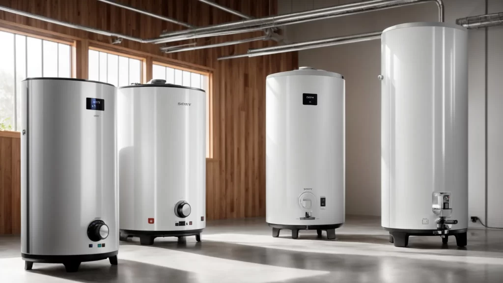 a collection of three distinct water heaters – a sleek tankless model, a robust traditional tank, and a solar-powered unit – illuminated by natural light, showcasing their unique designs and eco-friendly features against a clean, minimalist backdrop.