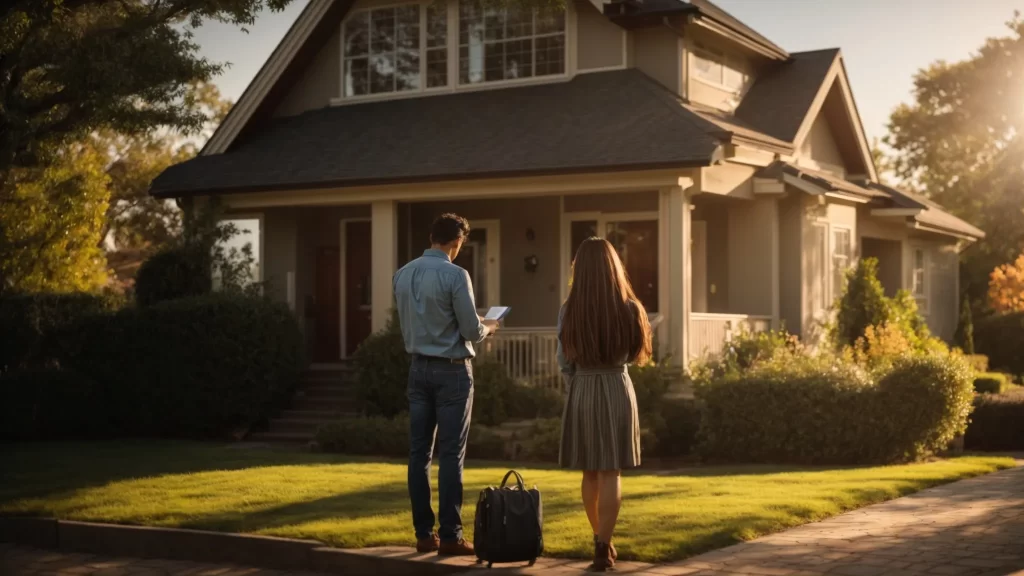 a confident home buyer reviews a detailed checklist while standing before a charming house, illuminated by warm, inviting sunlight, symbolizing the journey through the real estate process.