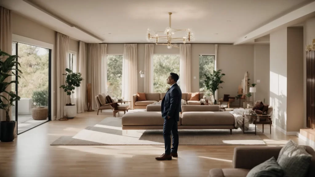 a confident home buyer stands in a beautifully staged living room, contemplating a home purchase with expert real estate agents, as warm natural light pours in, symbolizing informed negotiation strategies and a successful transaction.