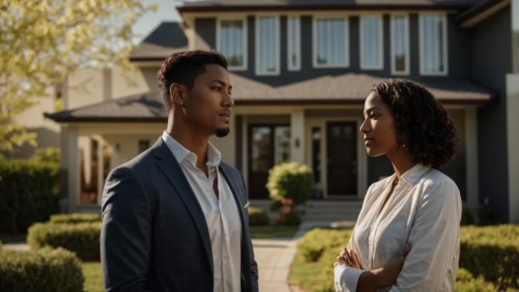 a confident homeowner stands in front of a beautifully staged house, engaged in a thoughtful discussion with a professional realty agent under warm, inviting sunlight, symbolizing informed decision-making in the property journey.