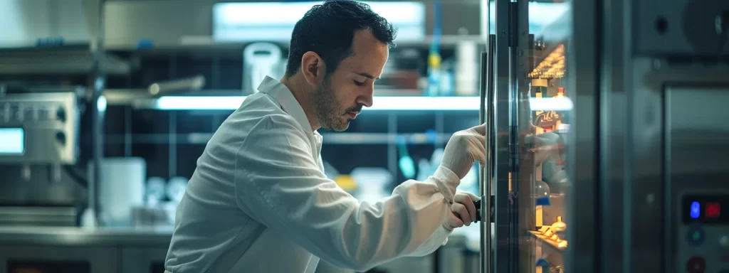 a confident technician in a crisp uniform meticulously inspects a gleaming modern refrigerator, surrounded by tools and equipment, under warm, focused lighting that highlights their expertise and the promise of reliable service.