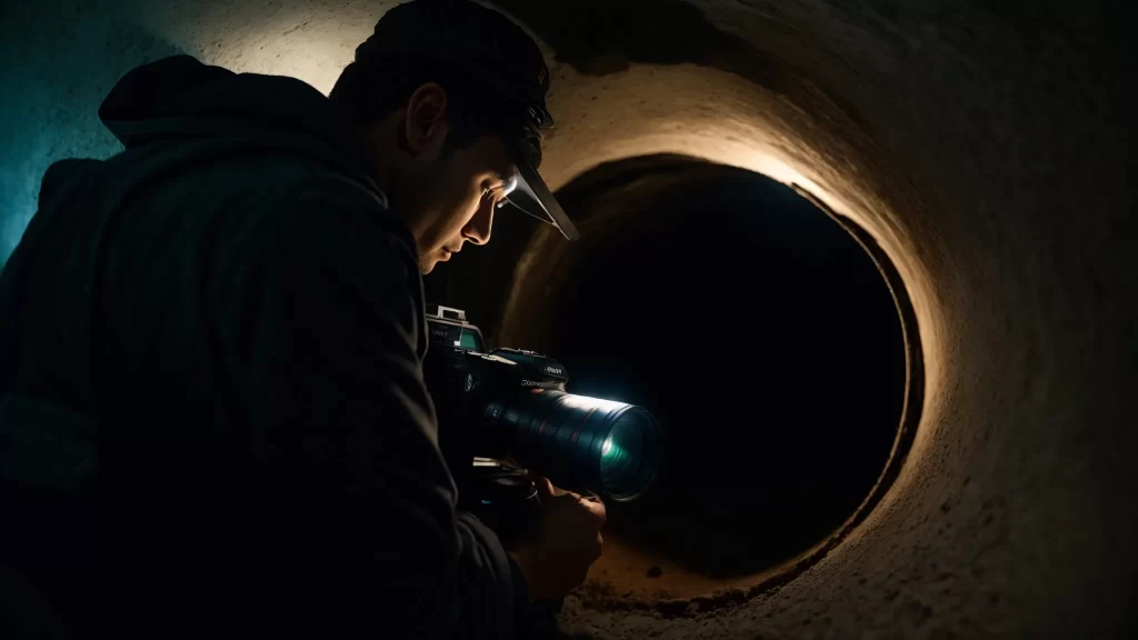 a dramatic close-up of a professional plumber using advanced video camera technology to inspect a blocked sewer line, illuminated by harsh overhead lighting in a dim urban basement setting.