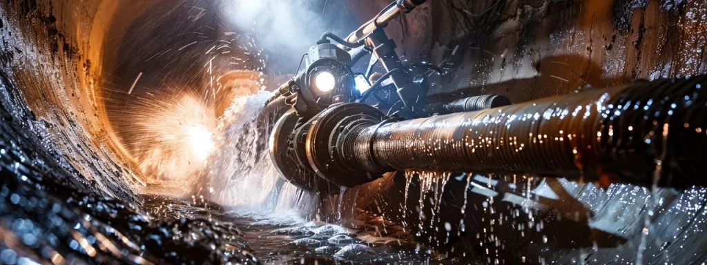 a dynamic, high-resolution image showcases a powerful hydro jetting machine at work, forcefully clearing a blocked sewer drain under bright, focused lighting that highlights the intense spray of water and the rugged texture of the pipes.