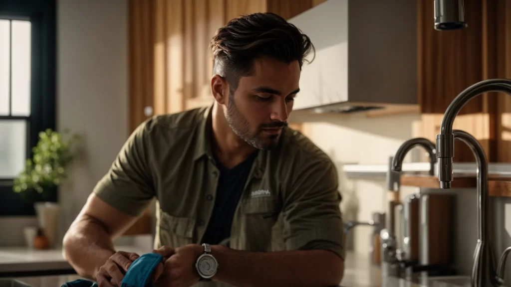 a focused, professional plumber examines a gleaming kitchen faucet, illuminated by warm natural light streaming through a nearby window, conveying expertise and trust in local plumbing services.