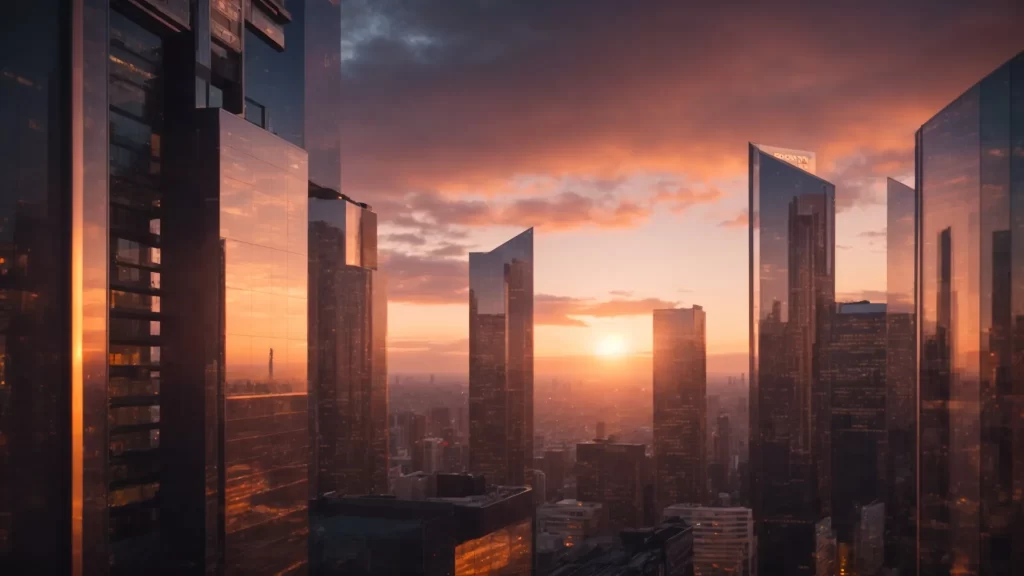 a futuristic urban skyline glows at sunset, showcasing sleek, innovative architecture that symbolizes the evolution of real estate and housing demand amidst emerging technologies.