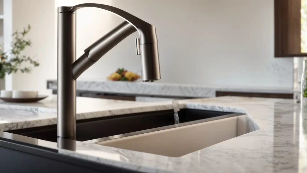 a gleaming, modern kitchen faucet is elegantly positioned against a backdrop of pristine marble countertops, illuminated by warm, diffused lighting that highlights its sleek design and showcases the importance of regular maintenance for optimal performance.