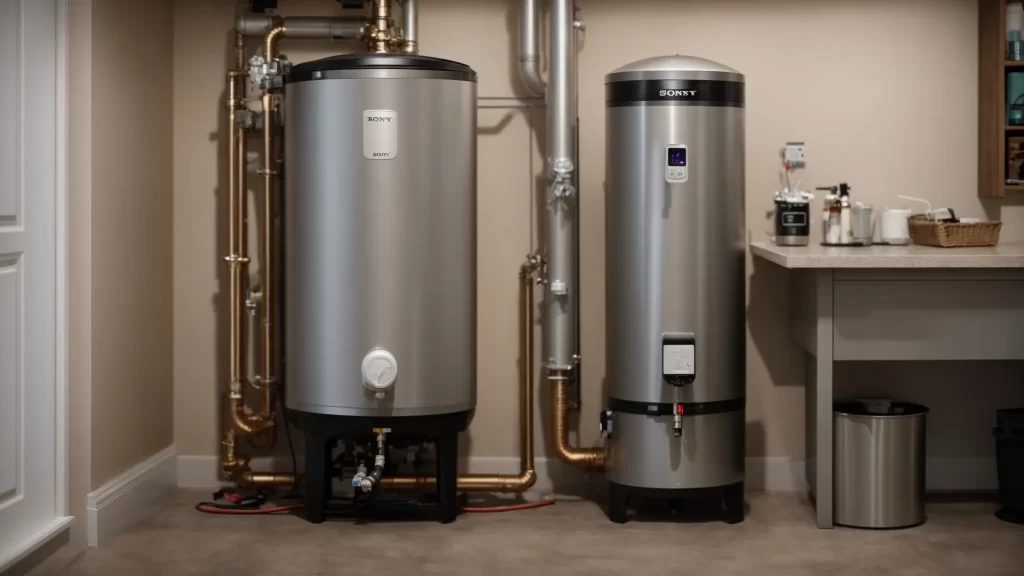 a gleaming, newly serviced water heater stands in a well-lit basement, showcasing its pristine condition and the tranquility of a well-maintained home, highlighting the importance of regular maintenance and efficiency.