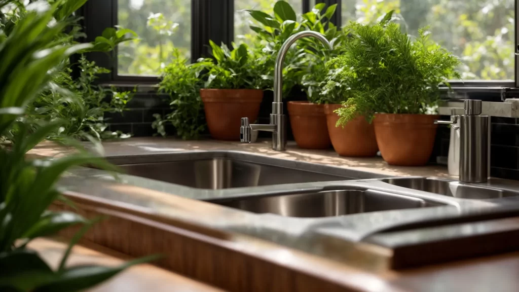 a gleaming, well-maintained kitchen sink with polished fixtures and vibrant plants, embodying the essence of effective plumbing upkeep and readiness for maintenance.