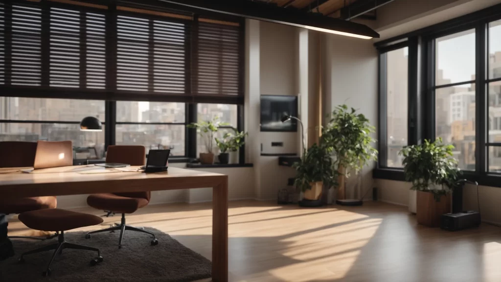 a modern and inviting office space with a polished wooden desk, a laptop open displaying mortgage options, and a welcoming window view that suggests financial clarity and support for home purchasing.