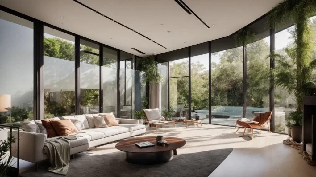 a modern, eco-friendly home featuring sleek lines, expansive windows, and vibrant greenery, illuminated by soft, natural light, embodies the perfect blend of comfort and smart technology in contemporary living.