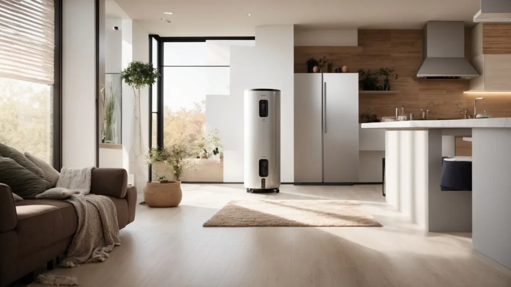 a modern, energy-efficient water heater gleams under soft natural light in a contemporary setting, highlighting its eco-friendly design and energy star certification, symbolizing sustainable living in orland park.