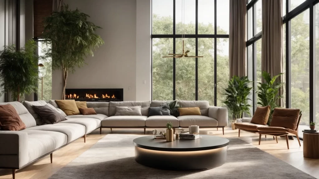 a modern, inviting living room with sleek furniture, large windows streaming in natural light, and vibrant greenery, symbolizing personalized home services tailored for a harmonious living experience.