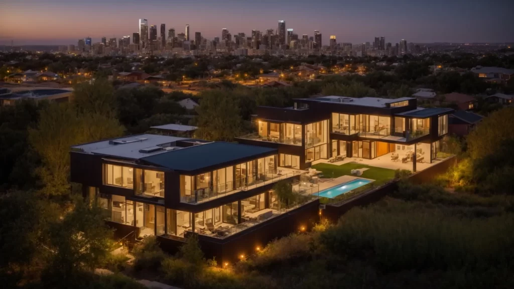 a modern skyline features a mix of sustainable smart homes and rental properties, illuminated by the golden hues of a setting sun, symbolizing the evolving landscape of american real estate.