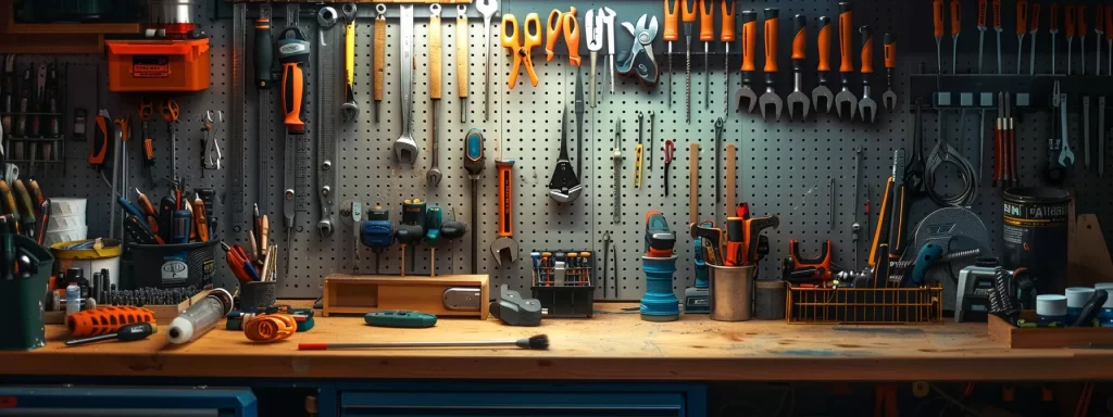 a neatly organized toolkit sits on a clean workbench, illuminated by warm, natural light, highlighting essential plumbing tools and a guide for diy maintenance, embodying the essence of home improvement and self-sufficiency.