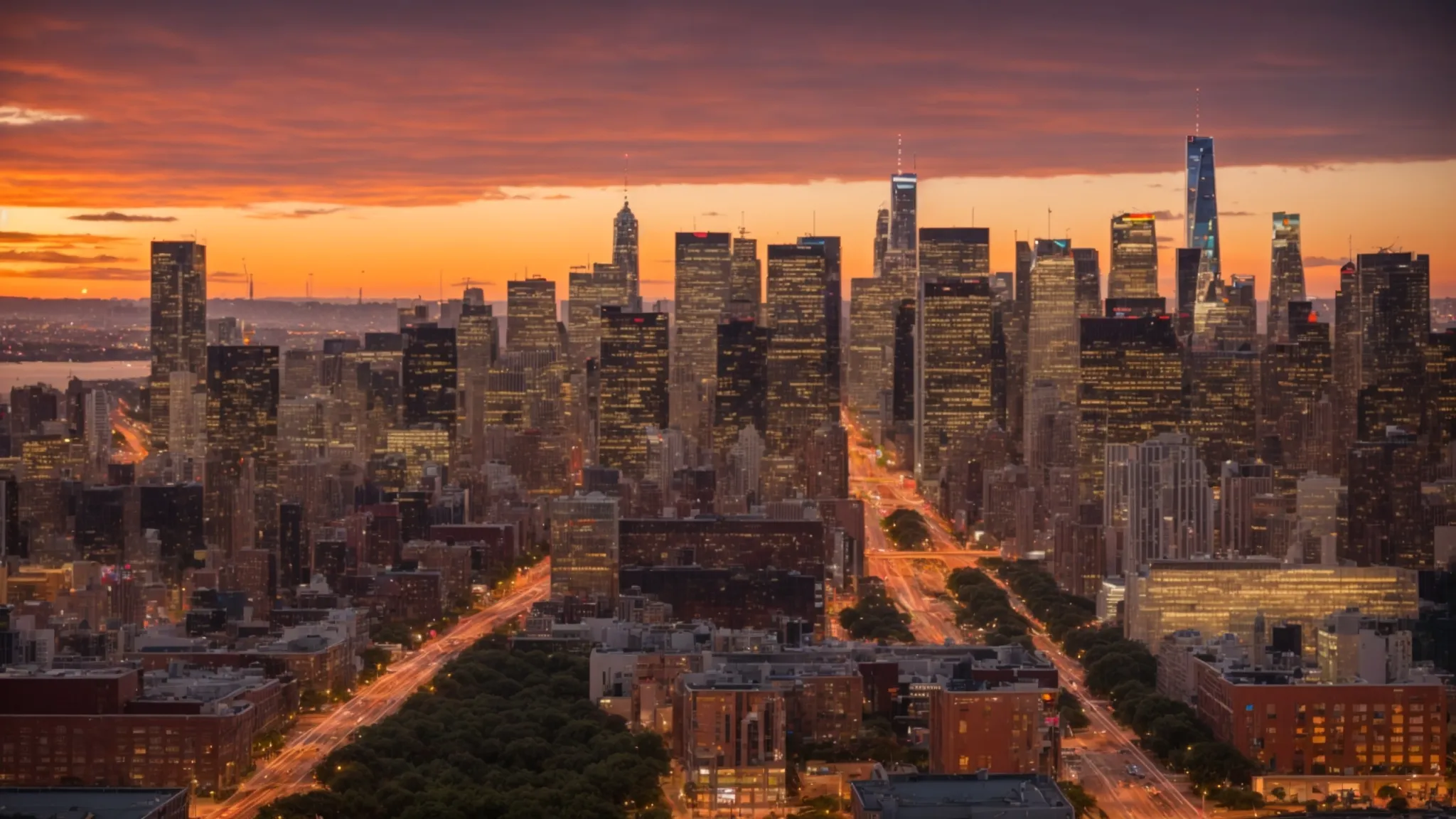 a panoramic view of a bustling american city skyline at sunset, showcasing a dynamic blend of modern skyscrapers and traditional architecture, symbolizing the vibrant and evolving real estate market trends.