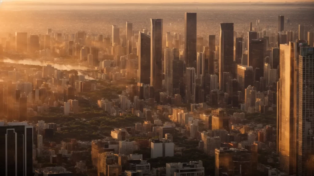 a panoramic view of a bustling urban skyline during sunset, with modern high-rise buildings symbolizing the dynamic influence of national real estate trends on local markets, bathed in warm, golden light.