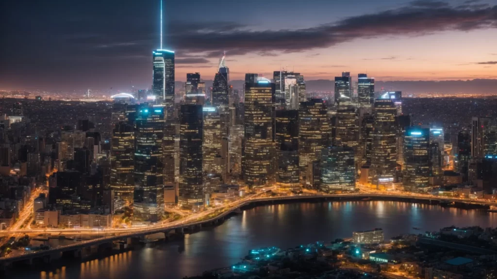 a panoramic view of a modern city skyline at dusk, with glowing digital interfaces overlaying various real estate properties, highlighting the innovative aspects of real estate investing through technology.