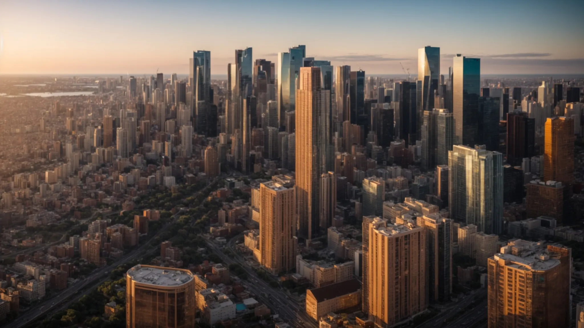 a panoramic view of a thriving urban skyline, showcasing diverse architectural styles of vibrant real estate developments under a clear blue sky at sunset.