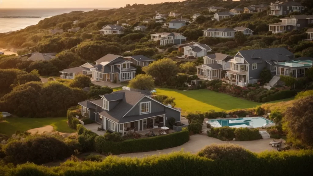 a panoramic view of contrasting real estate landscapes, showcasing vibrant coastal homes adjacent to sprawling rural properties, illuminated by golden sunset light to highlight market diversity and investment potential.