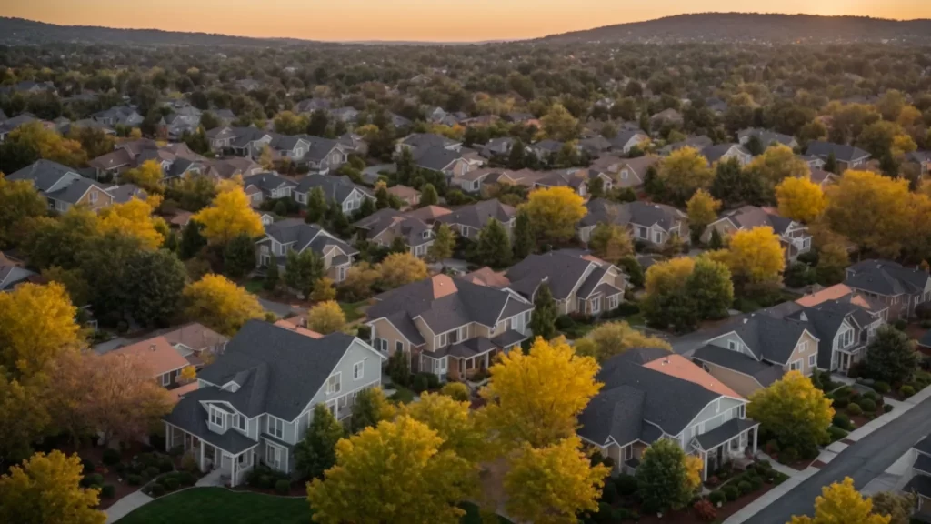 a panoramic view of diverse american neighborhoods showcasing contrasting luxury homes and suburban developments, bathed in golden hour light, reflecting the evolving trends in the real estate market.