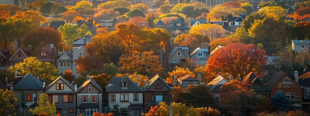 a panoramic view of diverse chicago neighborhoods, showcasing an array of charming homes and the bustling activity of local plumbing services, illuminated by warm afternoon sunlight filtering through vibrant autumn leaves.