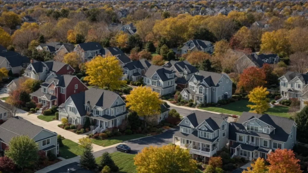 a panoramic view of diverse suburban neighborhoods stretching from long island to new hampshire, showcasing a vibrant mix of homes and commercial properties under a bright, clear sky, symbolizing the dynamic landscape of the housing market.