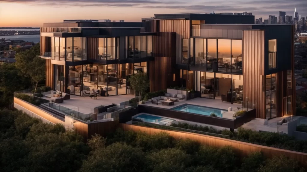 a panoramic view of elegant realty homes for sale in staten island, showcasing modern architecture against a vibrant sunset, highlighting the allure of urban living in new york city.